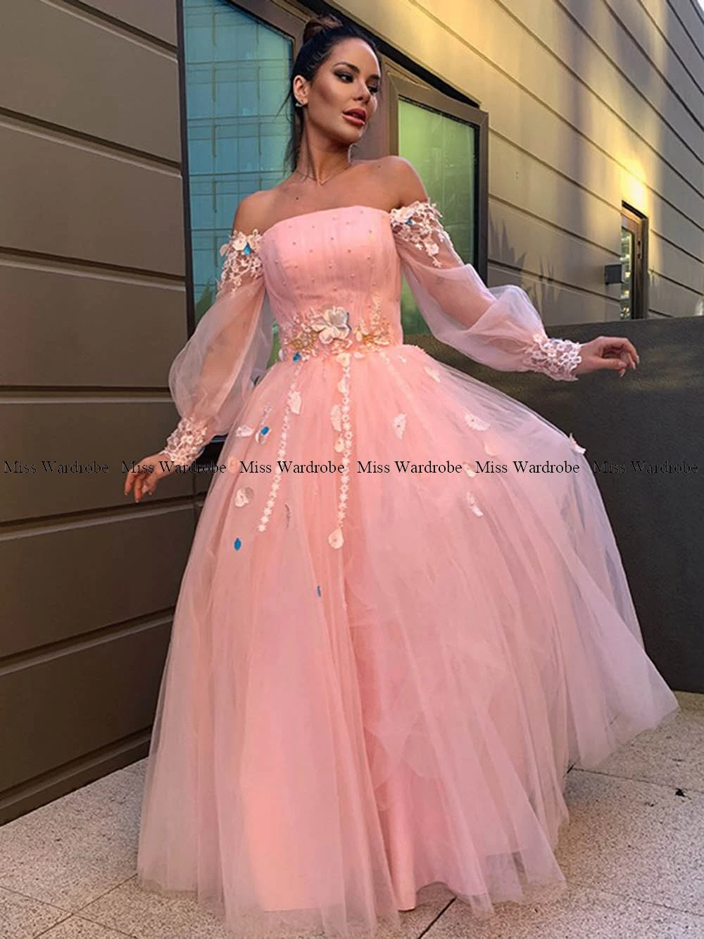 Eleganti abiti da sera in Tulle con spalle scoperte fiori fatti a mano maniche lunghe lunghezza del pavimento abiti da ballo da festa formali Plus Zise