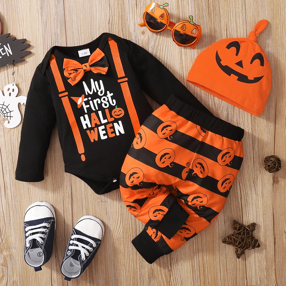 LAPA Autumn 0-12M Halloween Babies Suit Newborn Boys Girls Bodysuit+Pants+Hat 3Pcs Baby Boy Romper Funny Pumpkin Printed Costume