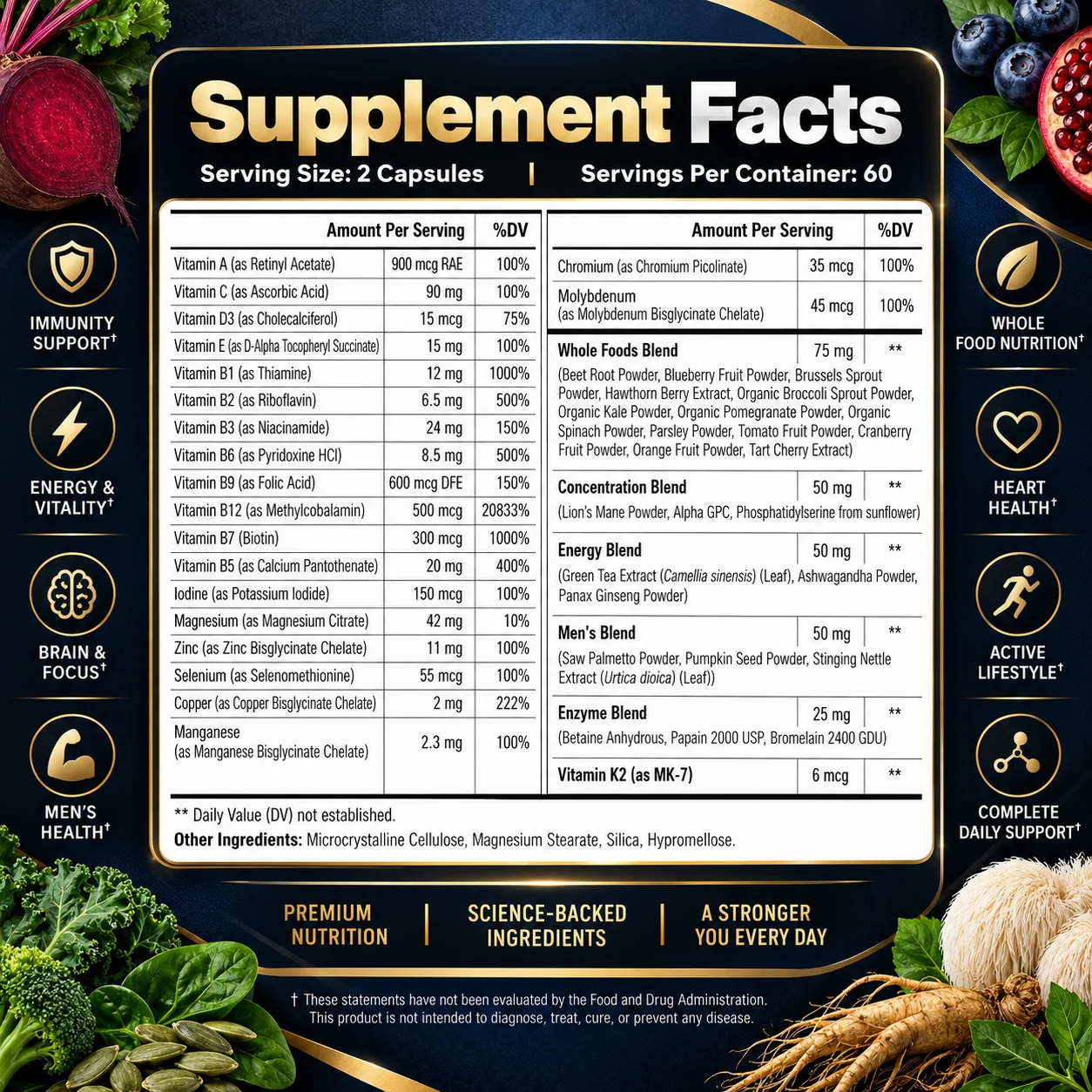 Multivitamin Full Spectrum Complex - Hormonal Balance, Brain Health, Enhances Mental Alertness, Improves Vitality and Immunity