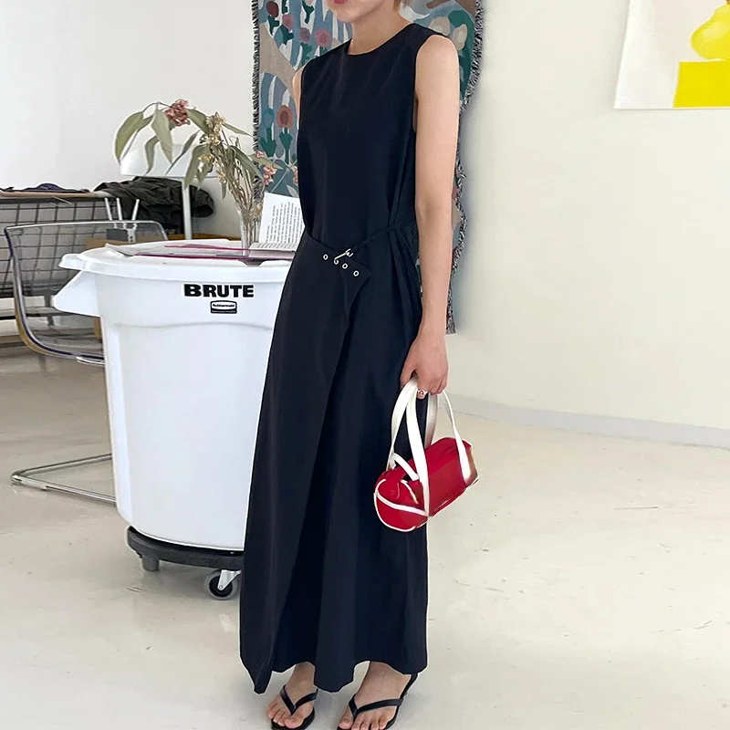 Korean Niche Design Slim Fit Long Dress Harajuku O-neck Simple Casual Trendy Vestidos A-line Trendy Chic Lave Up Female Robe