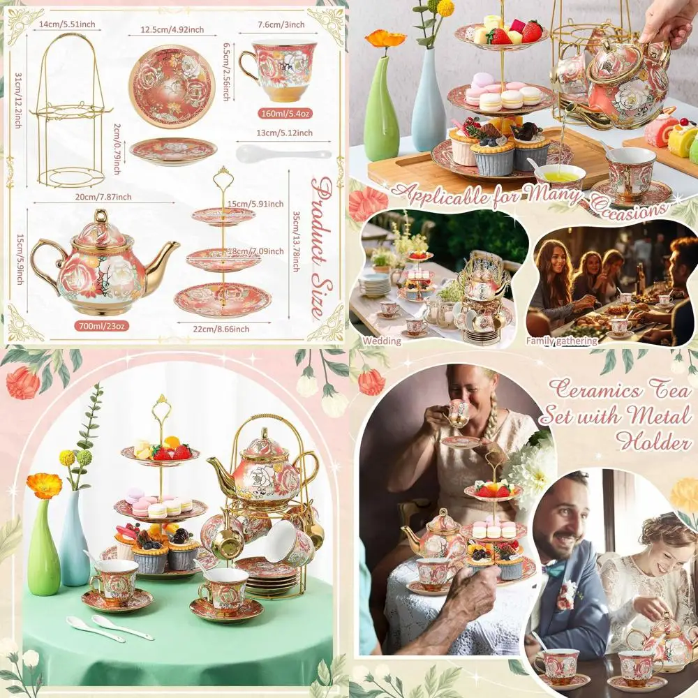 

Adult European-style Floral Tea Party Set with 3-tier Ceramic Stand and Metal Holder, Ideal for Romantic Christmas Dessert and C
