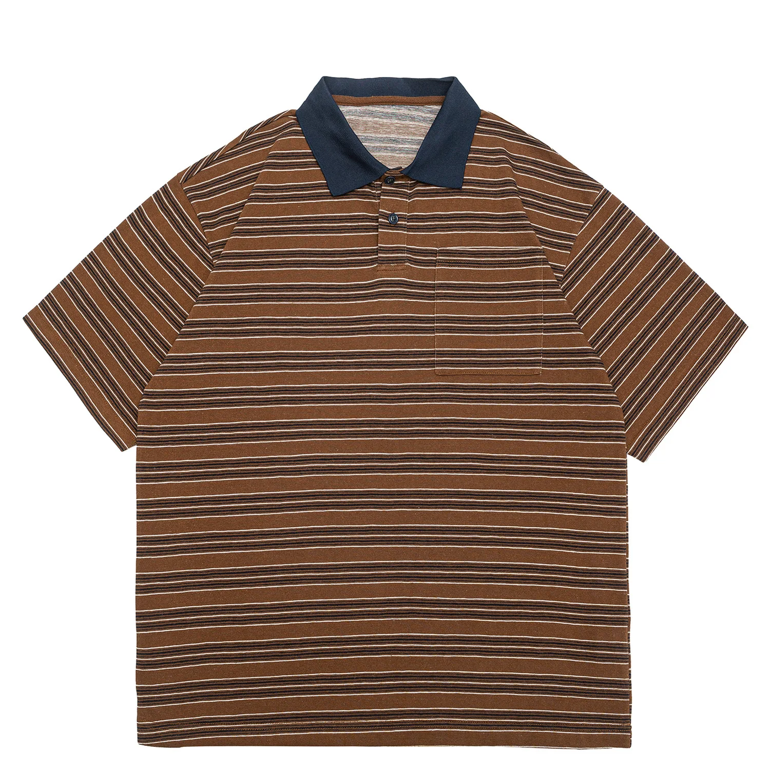 Summer Japanese Retro Amikaji Washed Striped Short Sleeved Polo Shirt Loose Workwear Half Sleeved Sea