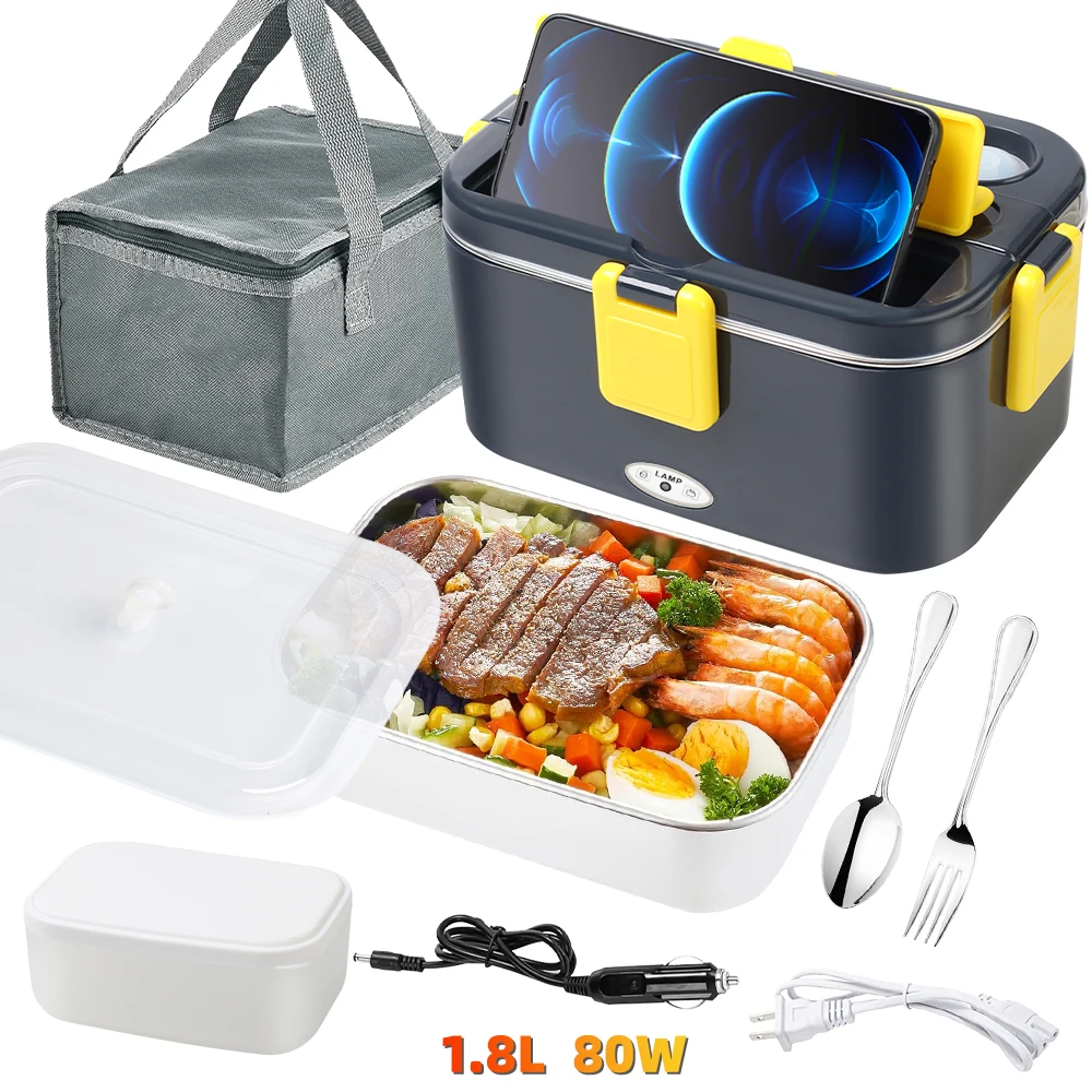 Electric Lunch Box 80W Food Heater 4 in 1 12V/24V/110V 1.8L Large Capacity for Car/Truck/Home/Office with Carry Bag&Fork Spoon