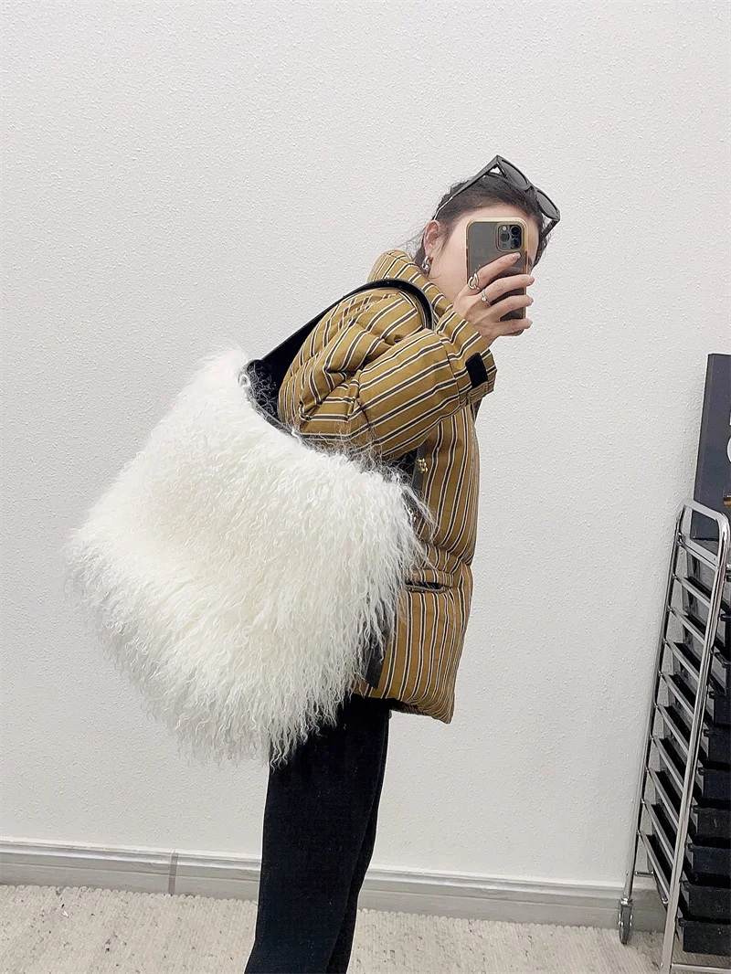 Fashion Girls Hand Bag Real Mongolian Lamb Fur Leather Women Bag