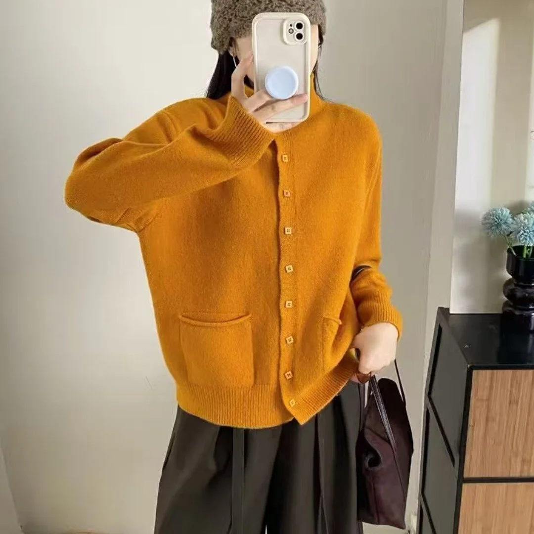 Suéter F de Tricô Casual de Outono, io, com Dois Bolsos, Estilo Solto, Cor Sólida, E, para o Dia a Dia, Mang...