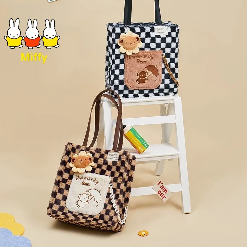 

Kawaii Miffy Shoulder Bag Miffy Handbag for Commuting Checkered Tote Bag Fashionable and Large-capacity Tote Bag