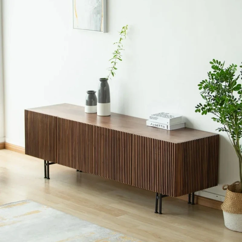 

Black Walnut Simple Grid TV Cabinet Solid Wood Living Room Stone Plate Audio-Visual Creative Design Storage Cabinet