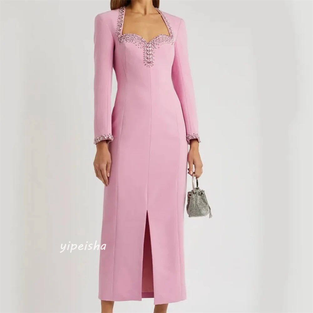 Vestido de noche de Arabia Saudita, Jersey con cuentas para el Día de San Valentín, línea A, cuello cuadrado, vestido de ocasión a medida, vestidos Midi