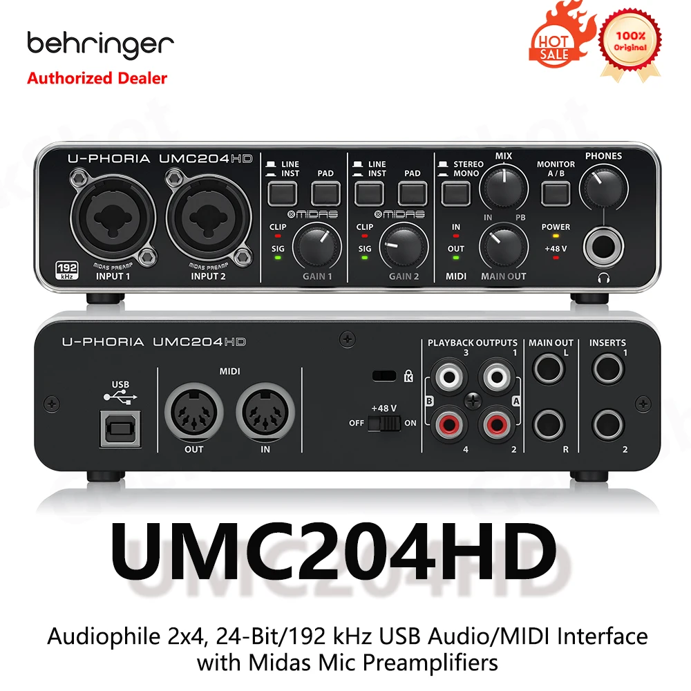 .Behringer U-Phoria UMC204HD Audiophile 2x4 USB Audio/MIDI Interface with MIDAS Mic Preamplifiers, 24-Bit/192kHz Resolution