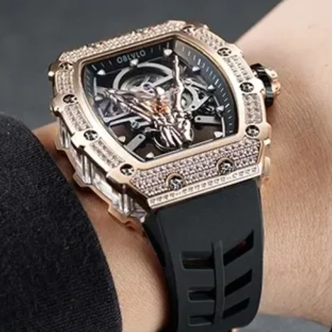OBLVLO Men Automatic Watch 50mm Tonneau Mechanical Wristwatch Luminous Skeleton Finger Dial Sapphire Mirror Crystal Bezel