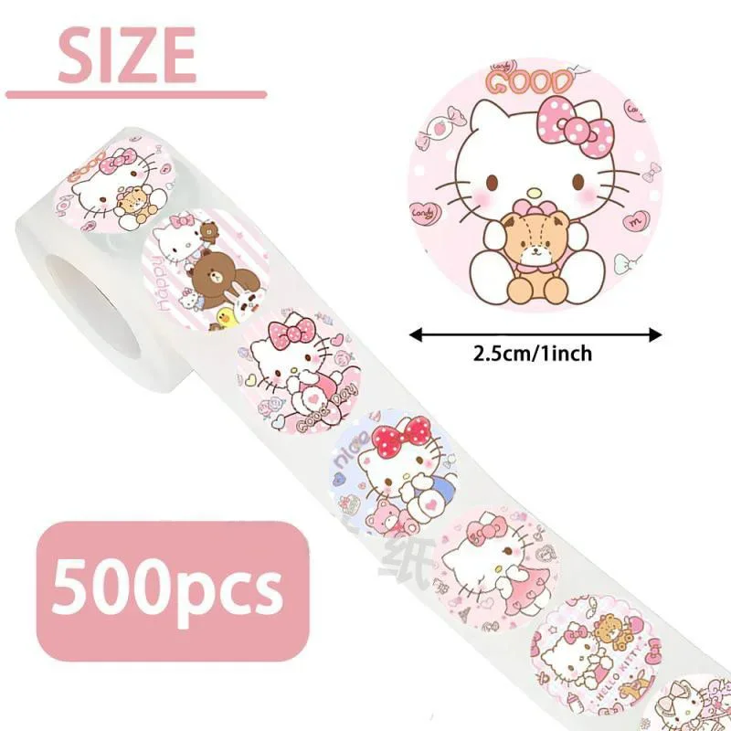 500Pcs Sanrio Hello Kitty Roll Stickers Kawaii Kuromi Cute Round Rectangular Seal Decorative Graffiti Stickers Rolls Toys Gifts