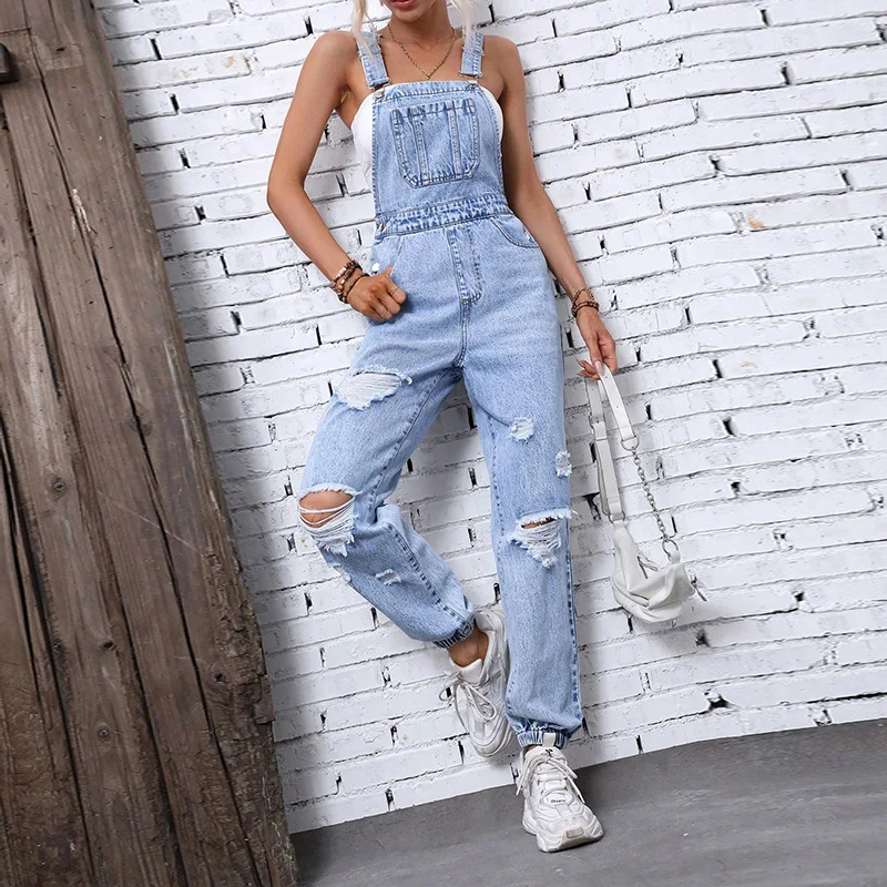 Benuynffy Streetwear Ripped DENIM โดยรวม Jumpsuit ผู้หญิงฤดูร้อน 2025 แขนกุดกระเป๋าสบายๆเอวสูง Overalls สําหรับผู้หญิง