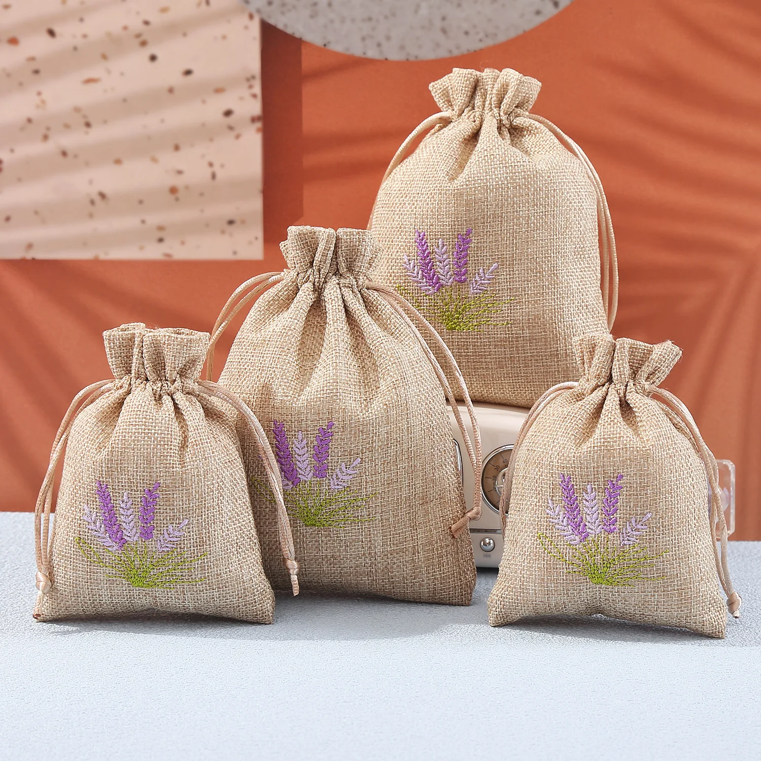 50pcs/lot Romantic Purple Lavender Embroidered Drawstring Bags Gift Packaging Candy Wedding Party Burlap Linen Canvas Pouch