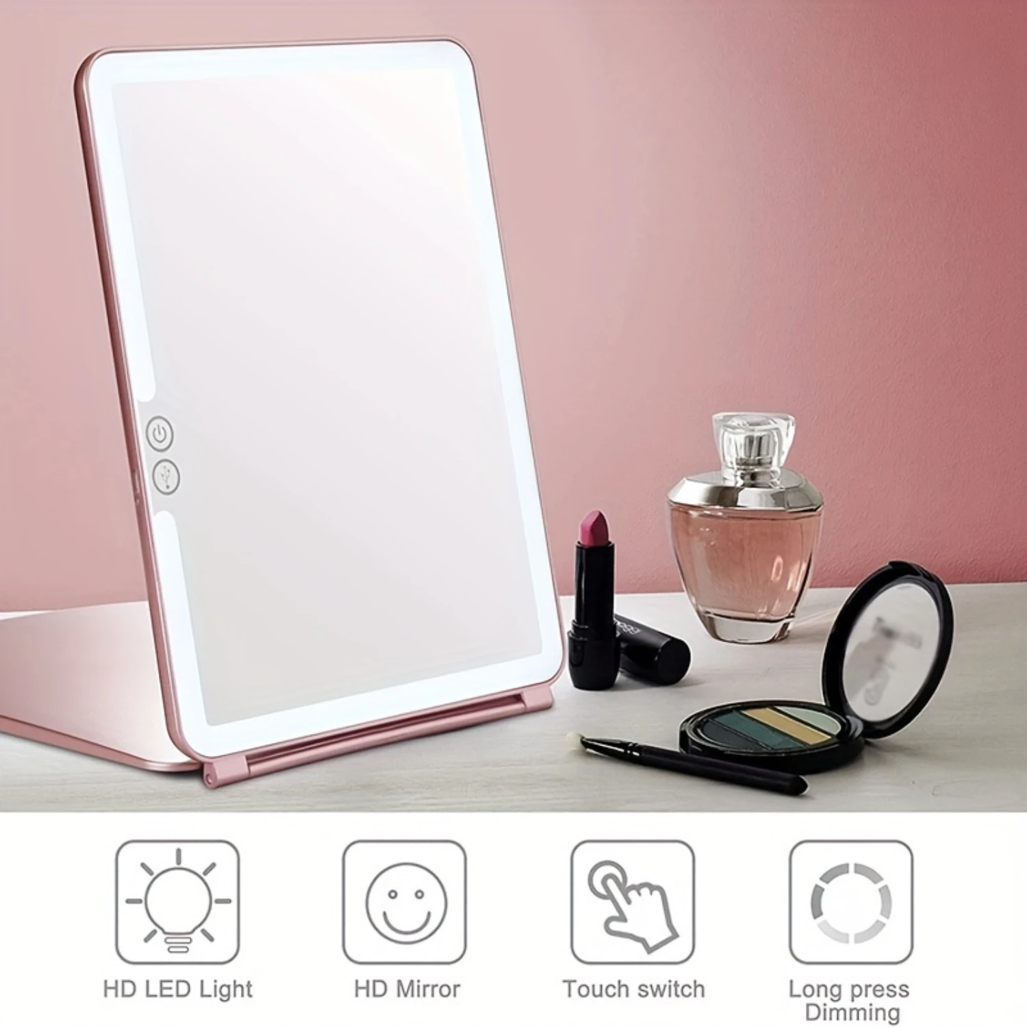 Portable Large LED Makeup Mirror with Lamp, Folding Tabletop Beauty Mirror