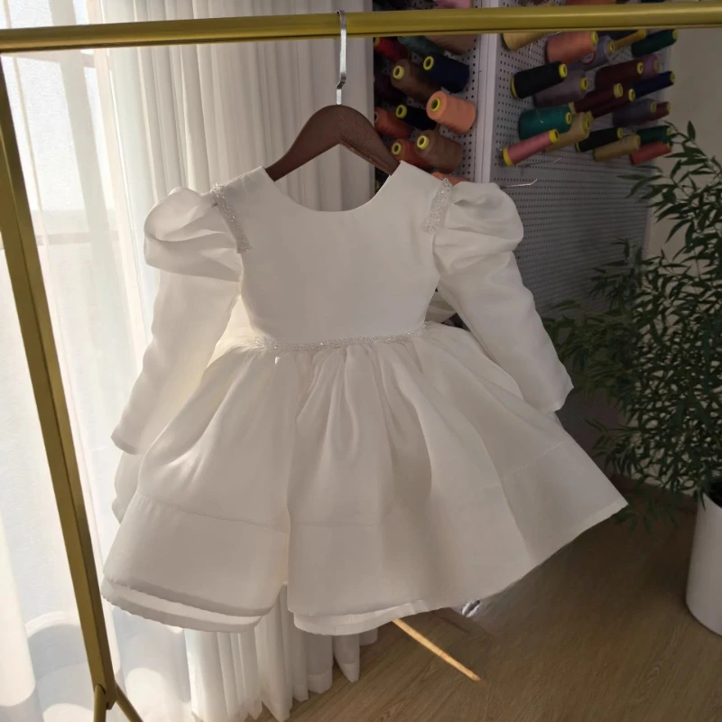 White Long Sleeve Princess Dress Girls Cute Gown Fashion Kids Party Elegant Birthday Outfit Children Flower Girl Formal Wear