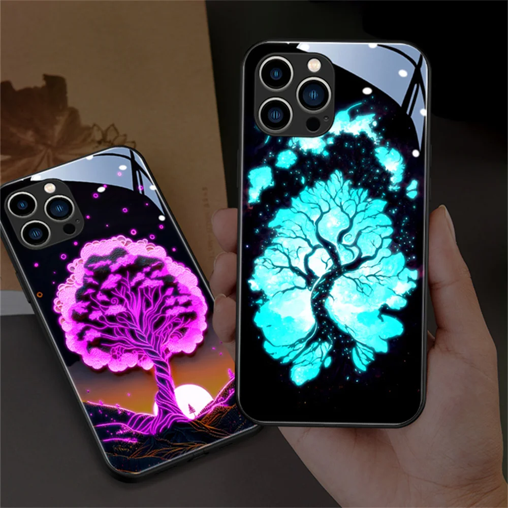 

Чехол для телефона из закаленного стекла в стиле панк Lucky Tree Design Smart LED Light Glow для iPhone 16 E 15 14 13 12 11 Pro Max X XR XS Plus SE2020