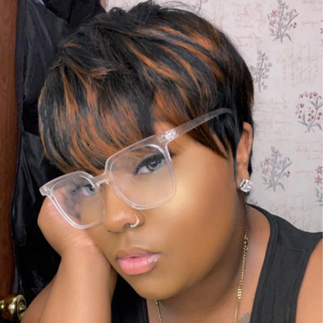 하이라이트 픽시 컷 혼합 Color1B/30 헤어 스타일 짧은 스트레이트 인간의 머리 가발 흑인 여성을위한 앞머리 기계 제작