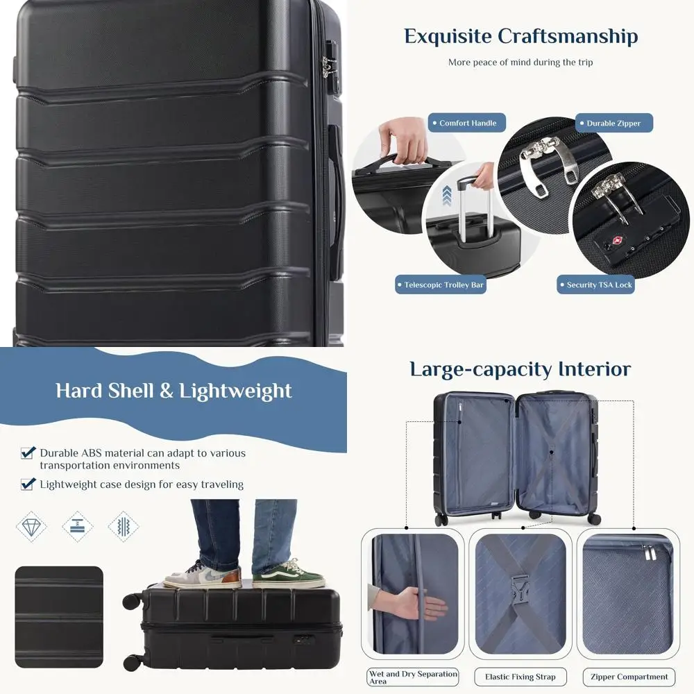 20 Lightweight Expandable Hardshell Suitcase with TSA Lock, ABS Material, Double Spinner Wheels, Black