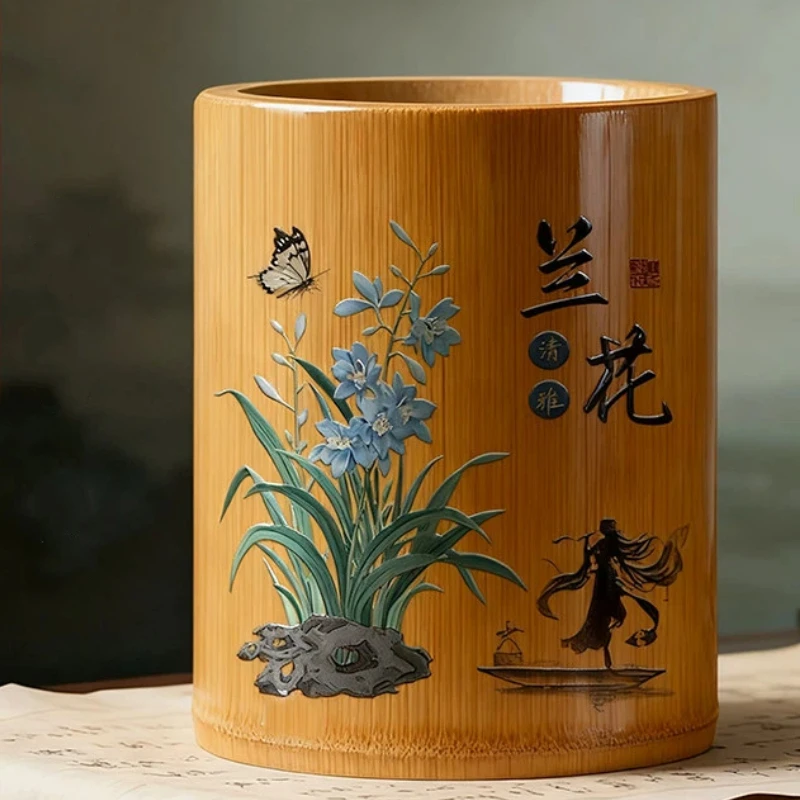 Retro Bamboo Pen Holder Portable Compact Design Easy Storage Chinese Calligraphy Writing Supplies Office Stationery Pen Holder