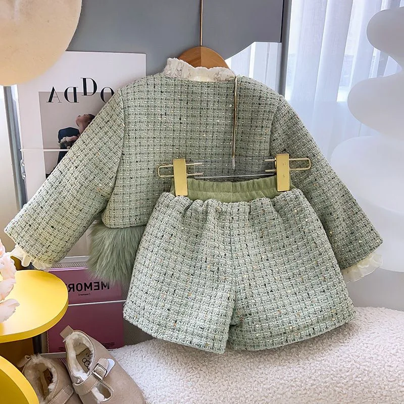 Children Girl Winter Thicken Clothes Set Cotton Padded Spliced Plaid Kid Girl Outerwear Elastic Waist Toddler Girl Shorts Outfit