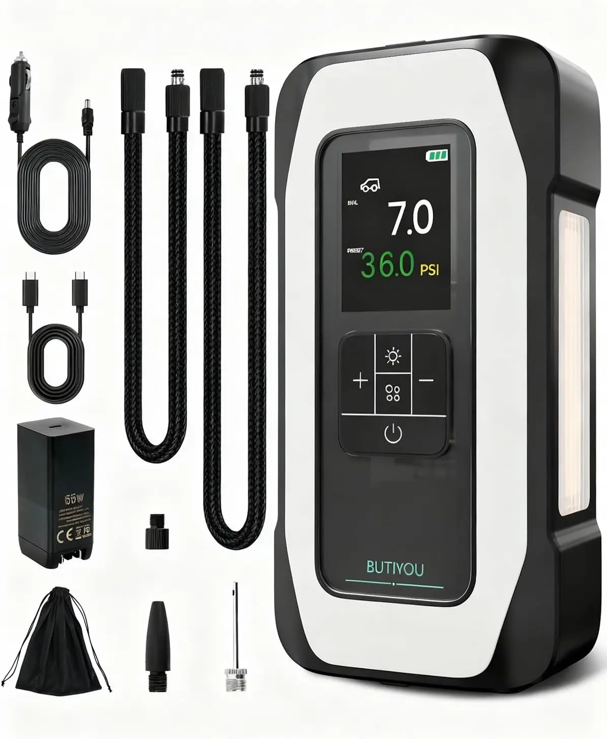 

Портативный насос для накачивания шин BY01, интеллектуальный воздушный насос емкостью 16000 мАч, двухцилиндровый, 150 фунтов на квадратный дюйм, автоматическая остановка, цифровой дисплей