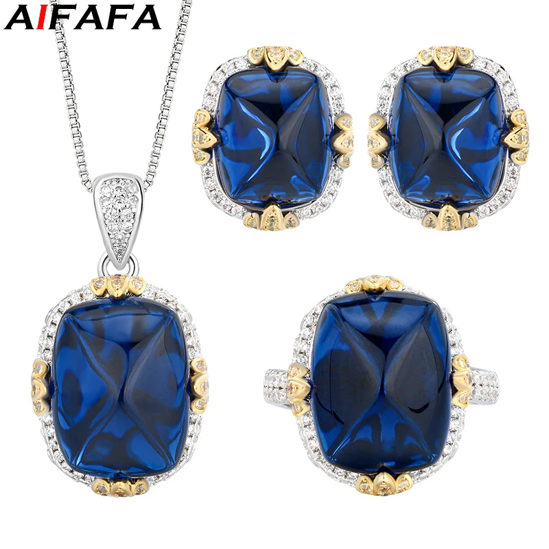 High Quality Blue Pendant Necklace Ring Earrings Set 5A Grade Gemstone Women Beauty Vintage Fashion Jewelry Accessories