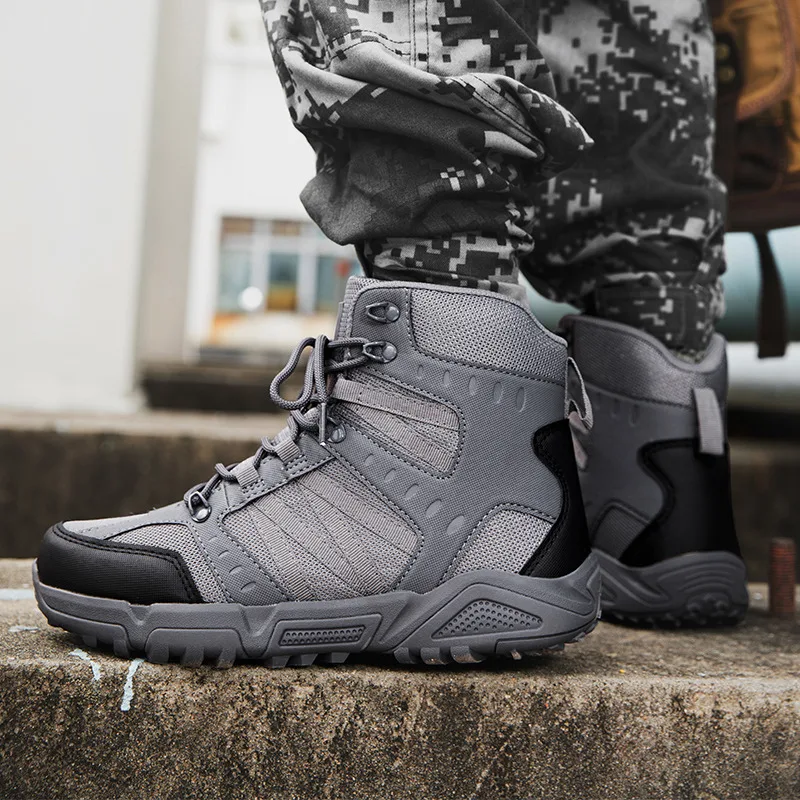 Outdoor Gray Tactical Boots Men High Quality Breathable Hiking Boots Mens High Walking Sneakers Size 46 47 botas tacticas hombre