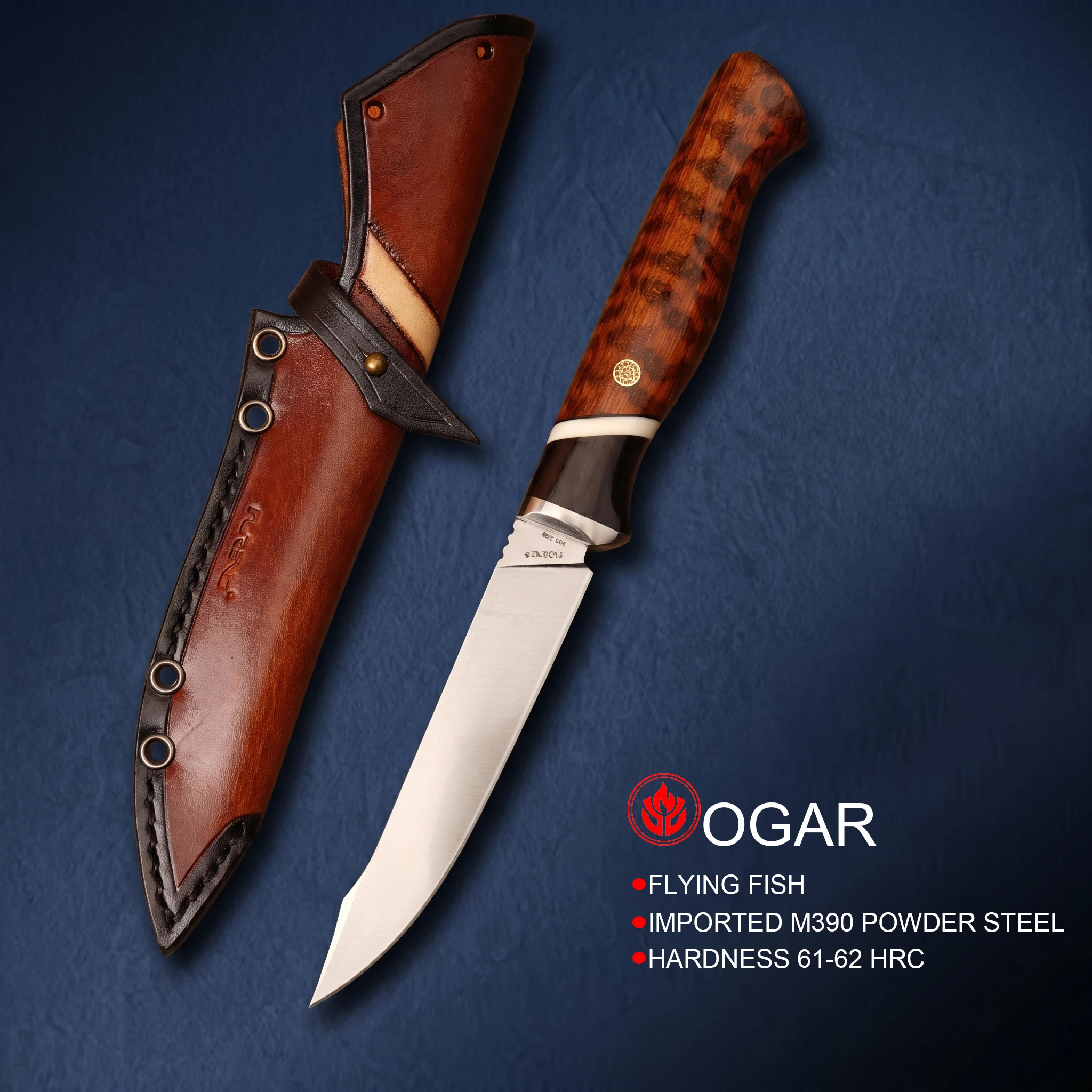

OGAR New Flying Fish M390 Powder Steel Outdoor Portable Tool Camping Hiking Multi-function Cutter Snakeskin Wood Handle Handmade