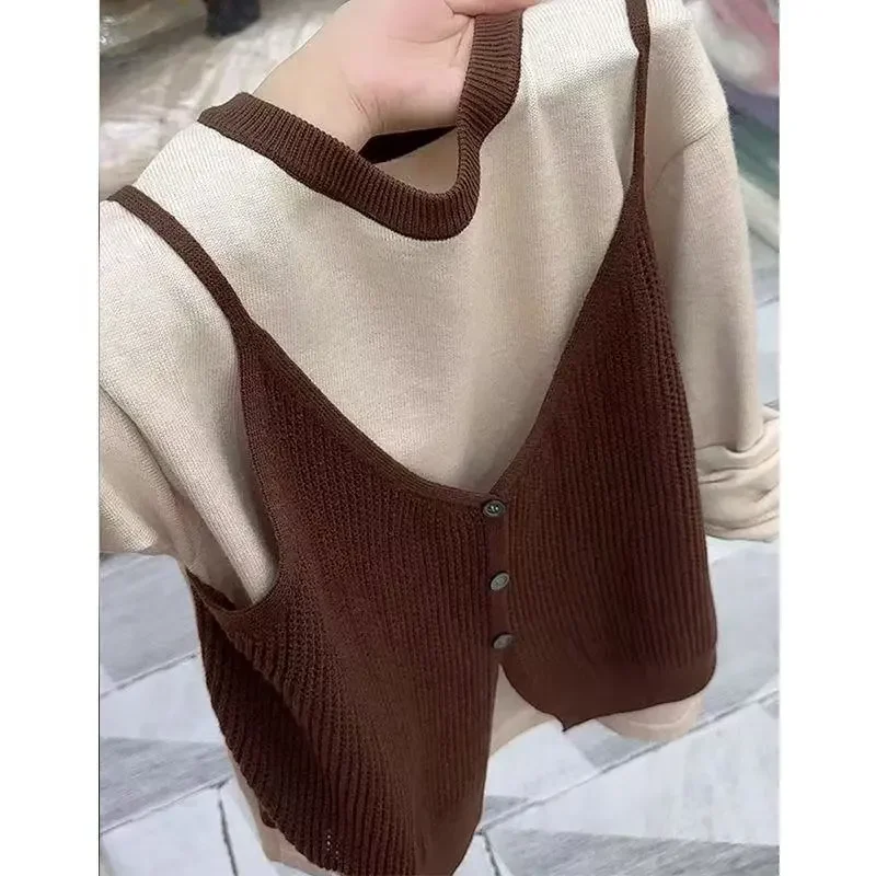 Korean Contrasting Color Round Neck Fake Two-piece Knitted Long-sleeved Women's 2025 Autumn Winter Vest Slimming Versatile Top