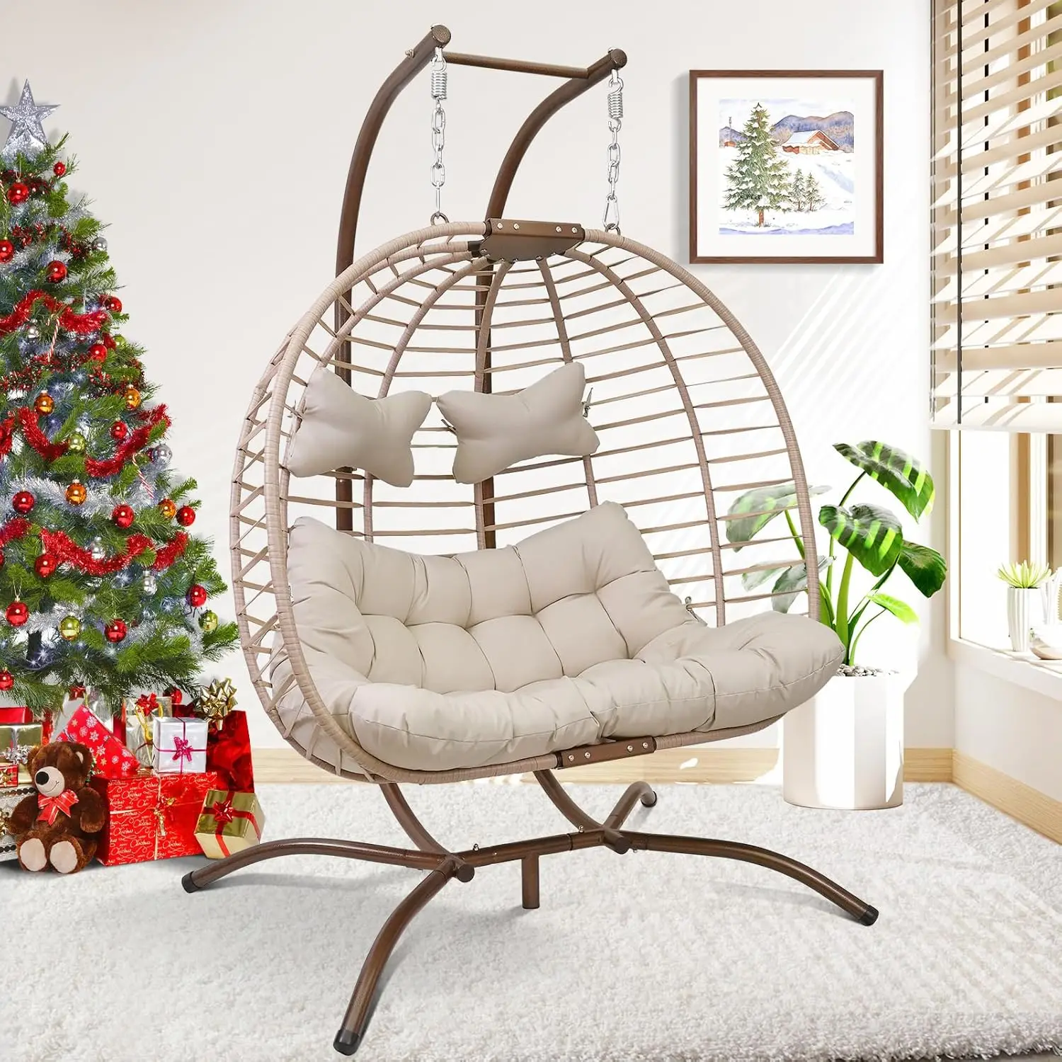 2 Person Wicker Swing Double Egg Chair Luxury Outdoor Patio Wicker Hanging Swing Egg Chairs with Water Resistant Cushions