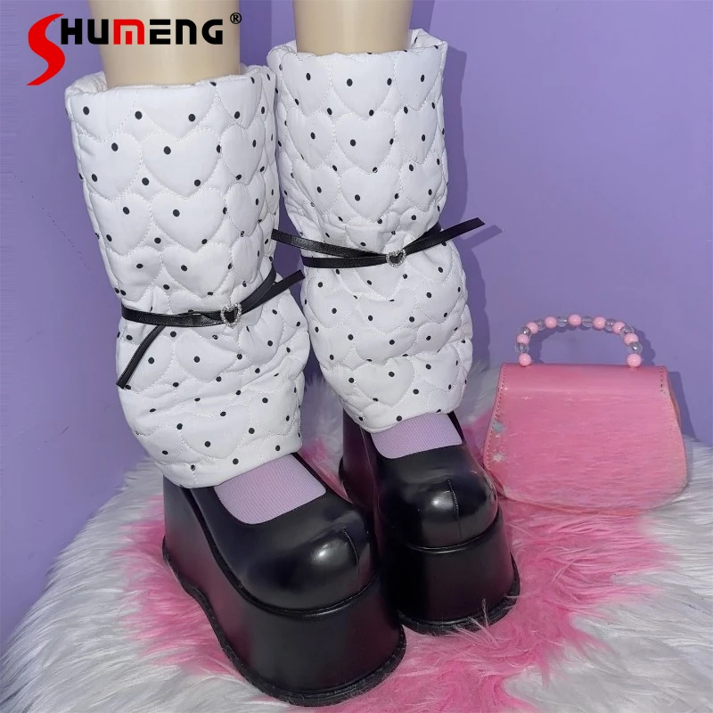 

Носки-грелки для ног в стиле Y2K, для миллениалов, в японском стиле Харадзюку, с ретро-узором в горошек, стразами в форме сердца и бантом, средней длины (до середины икры)