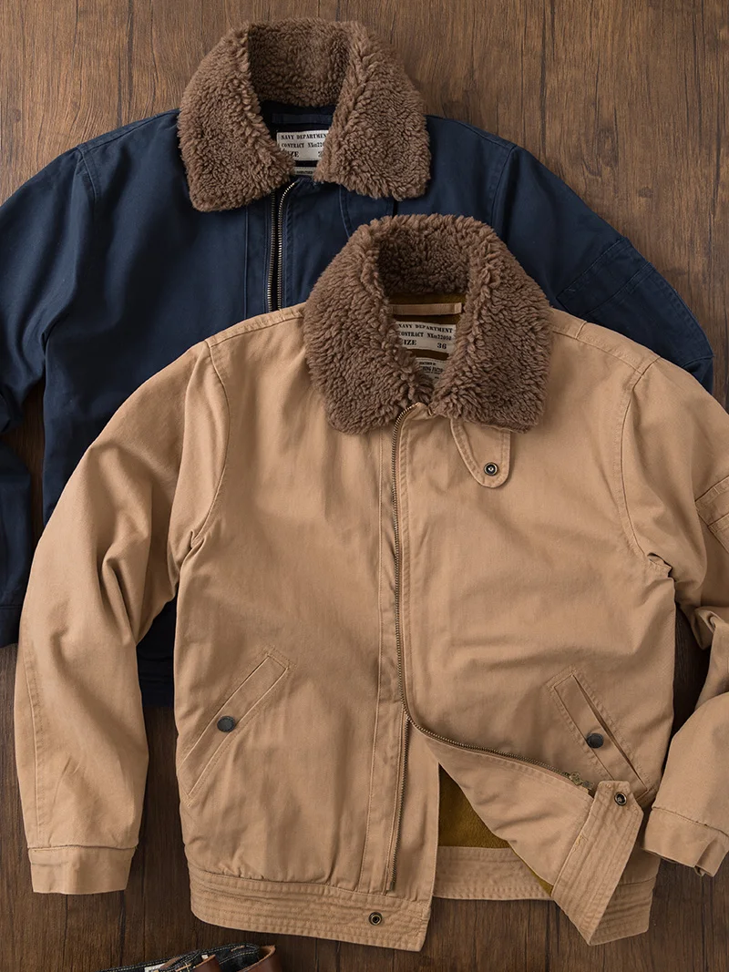 

2025 Winter New American Retro Fleece-collar Jungle Cloth Flight Jacket Men's Amekaji 100% Cotton Short Cotton-padded Cargo Coat
