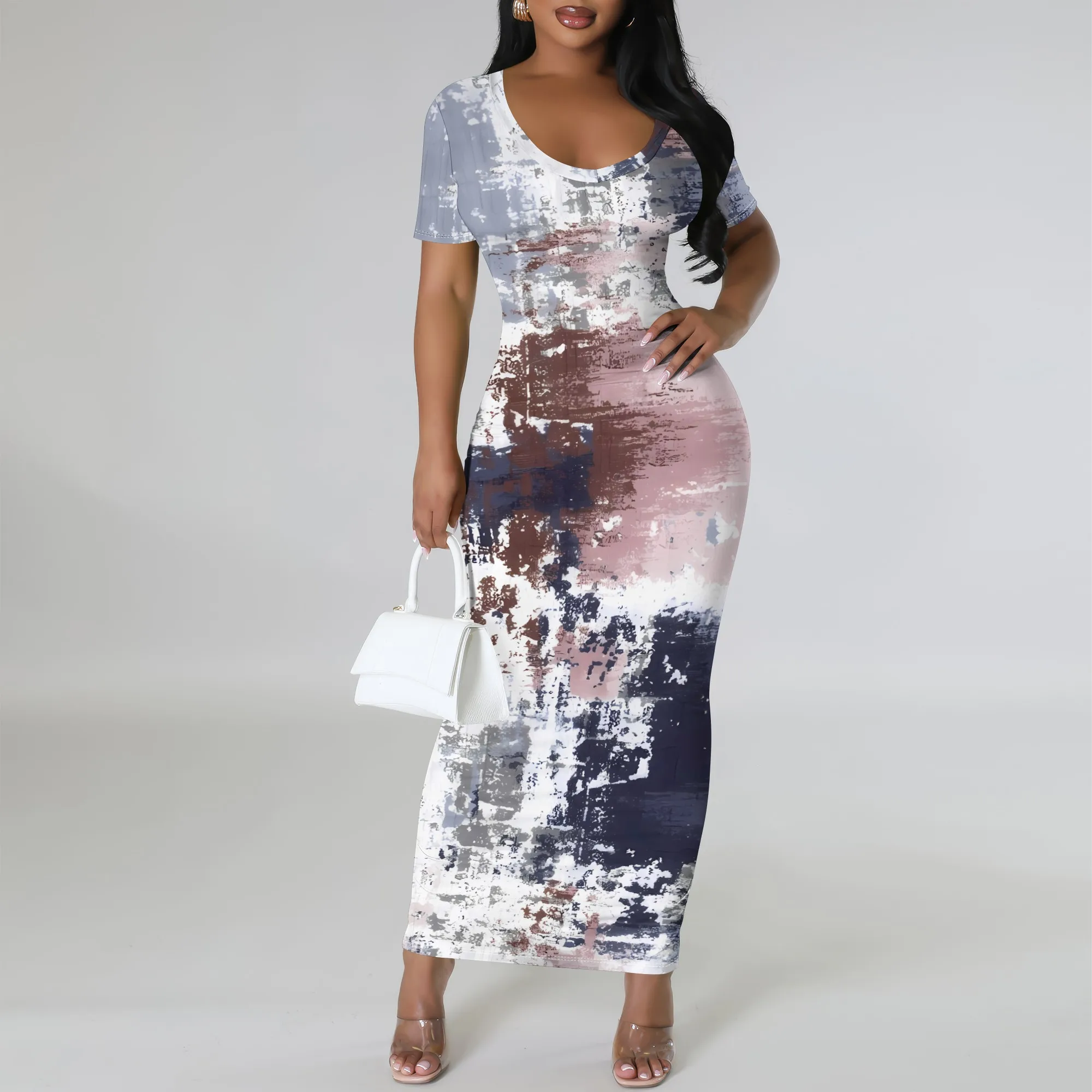 

Nupusa Women’s Short Sleeve Bodycon Maxi Dress Abstract Brush Stroke Print Elegant Summer Fashion Wear