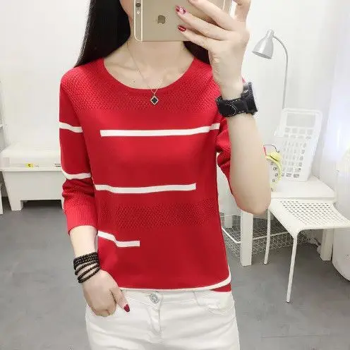 Simplicity Spring Autumn Sweaters Pullovers Women\'s O-Neck Hollow Out Striped Asymmetrical Fashion Loose Long Sleeve Knitted Top