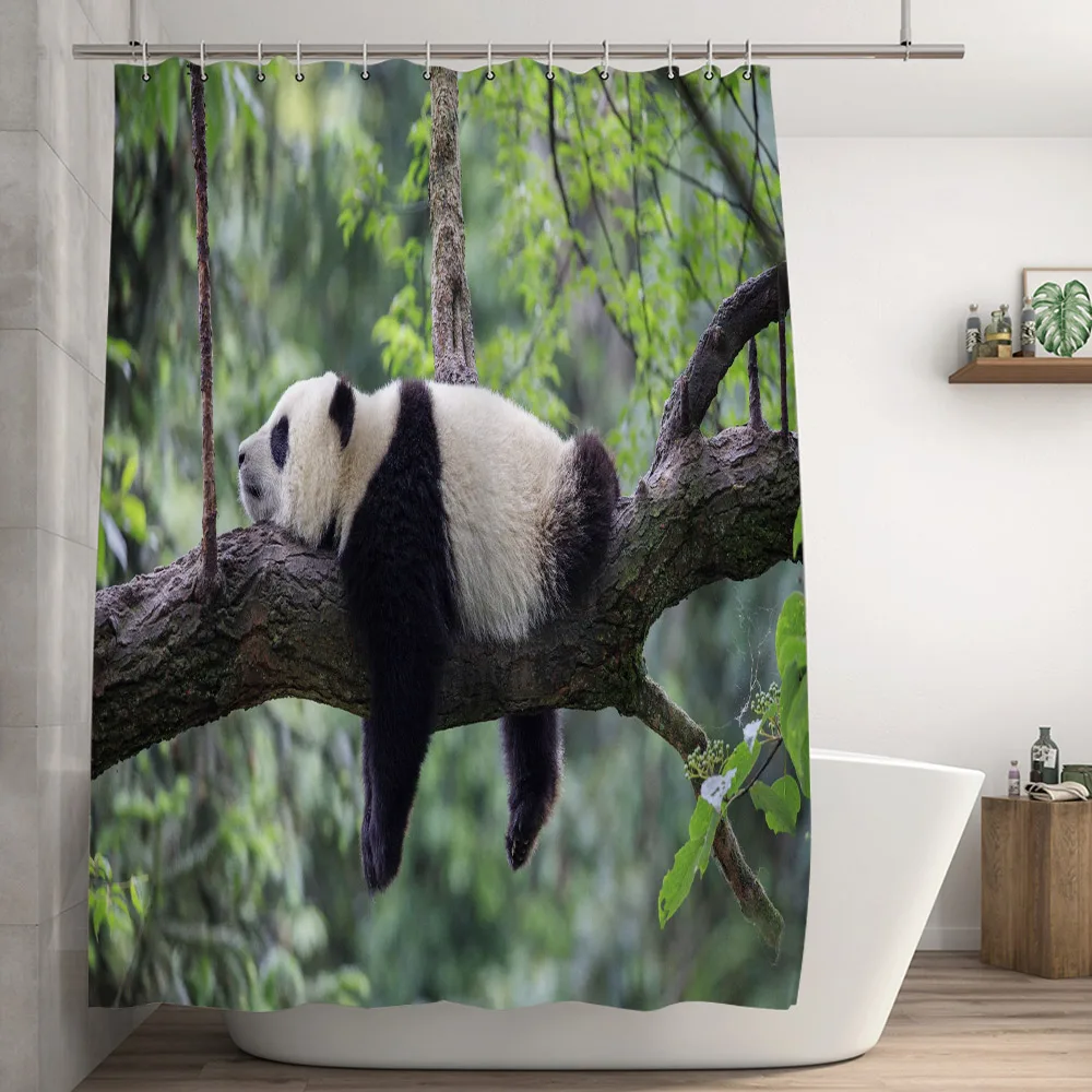 Funny Panda Shower Curtain Cartoon Cute Animal Green Bamboo Print Shower Curtain Apricot Background Bathroom Decor with Hooks