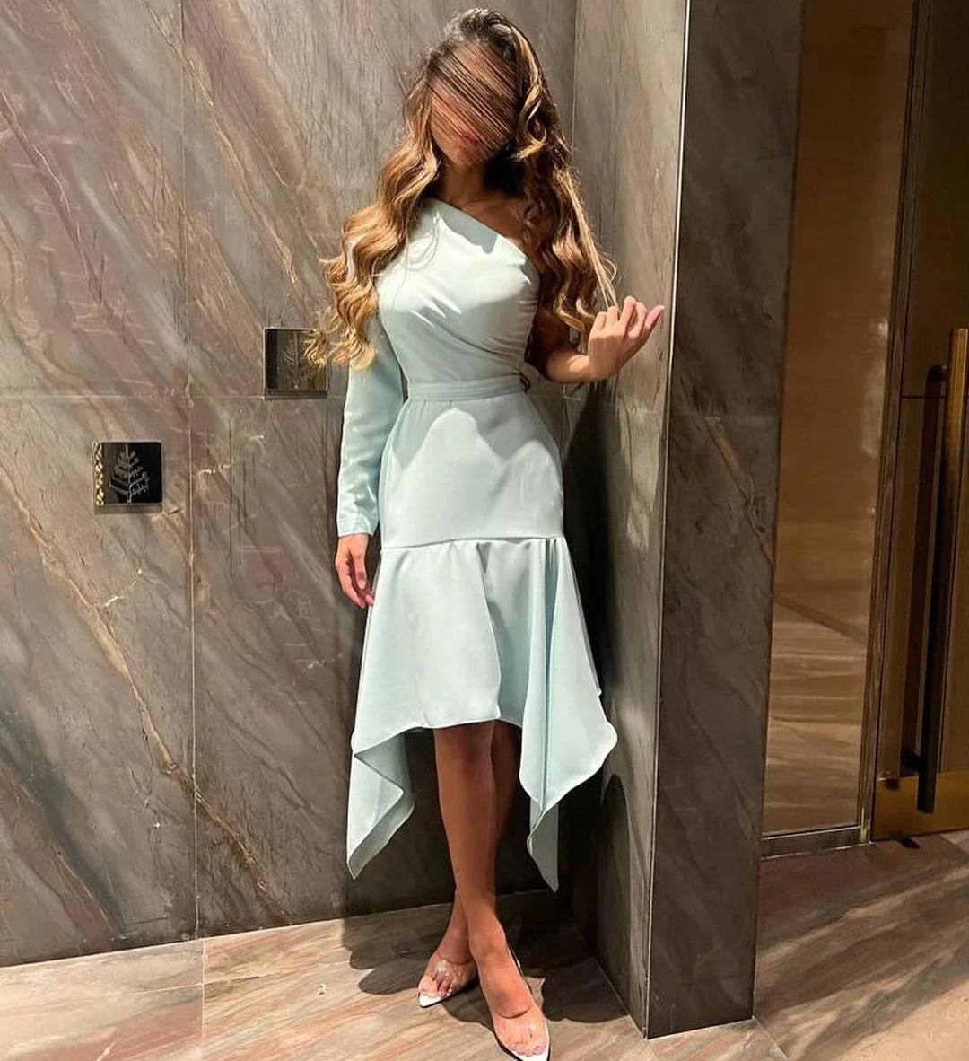 Saudi Arabia Asymmetrical Prom Dresses One Shoulder Long Sleeve Cocktail Party Dresses Wedding Formal Occasion Evening Gowns