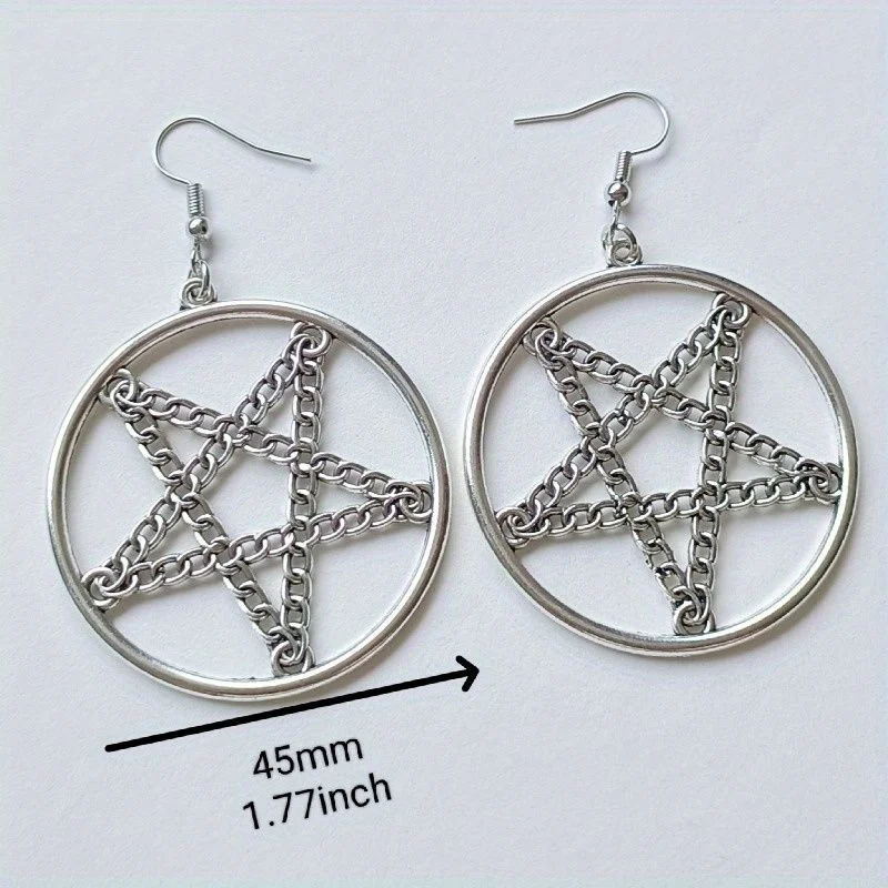 New Gothic Inverted Pentagram Chain Pendant Earring Personalized Punk Fashion Hip Hop Geometric Circle Exaggerated Ear Hooks