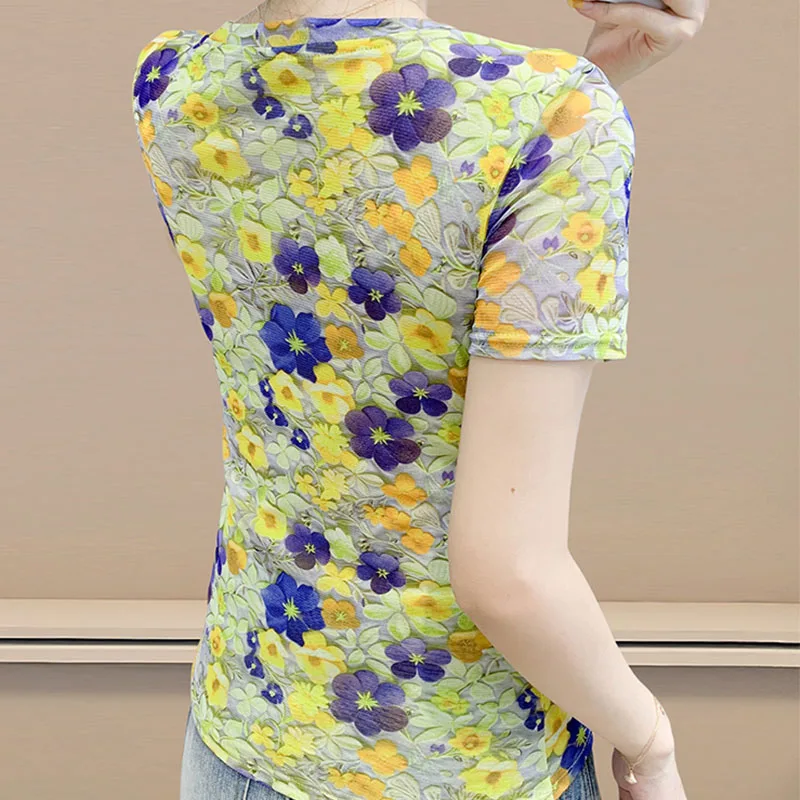 2025,New,Summer,European,Clothes,T-Shirt,Chic,Sexy,V-Neck,Print,Flower,3D,Women,Tops,Short Sleeve,Mesh,Bottoming Shirt,Tees,5602