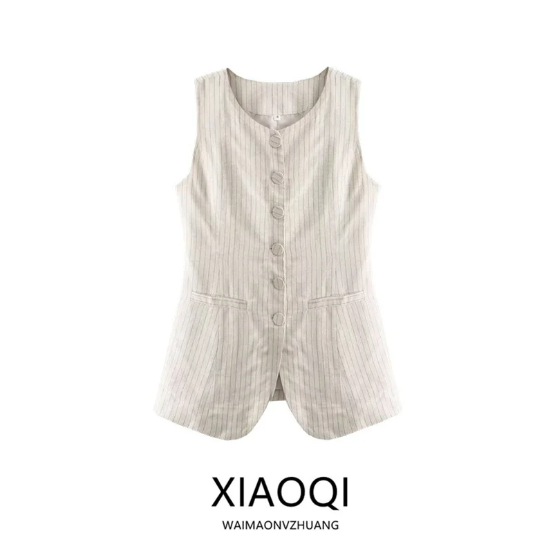 

2024, весна-лето, женский льняной хлопковый жилет в длинную полоску, универсальный джемпер средней длины, застежка на одной пуговице, модный