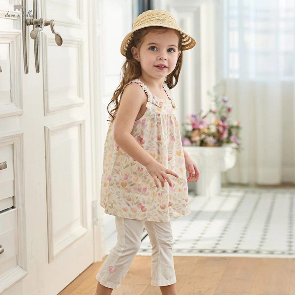 Dave Bella Girls Summer 2PCS Set Flower Sleeveless T-shirt Pants Suits Childern Printed Tops Trousers Clothing Sets DB2262278﻿