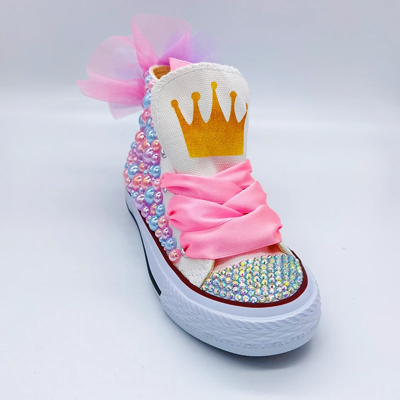 Kids Canvas Shoes Mesh Flower Back Design Crown Theme Birthday Party DIY For Girl Shoes Dollbling Handmade Bling Sneakers