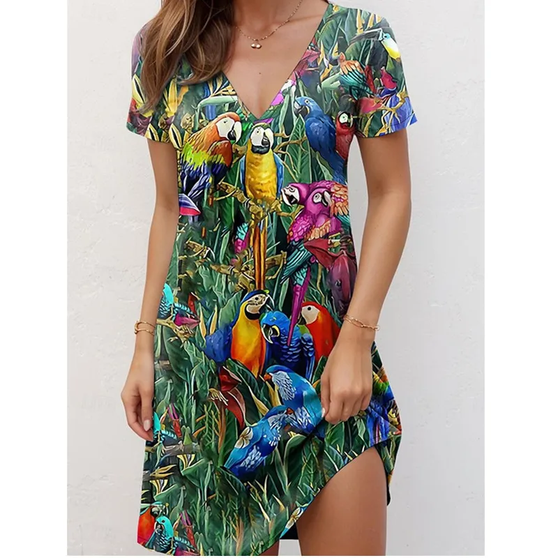 Retro Women Dress Fashion Personality Ethnic Style Floral Print Dress Big Size 3XL Women Summer Casual Short Sleeve V-Neck Dress