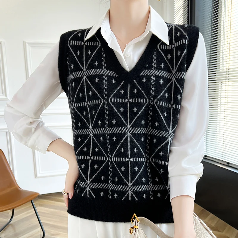 Женский модный вязаный жилет из 100% мериносовой шерсти с v-образным вырезом и цветными блоками, свитер без рукавов, мягкий пуловер, кашемировый нежный верх одежды