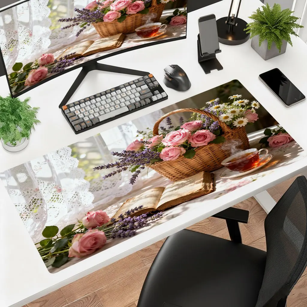 Brand Iron Art Mouse Pad Pink Rose Basket Books Tea Ultra HD Desk Mat Office Laptop Gaming Non-Slip Rubber Backing Washable