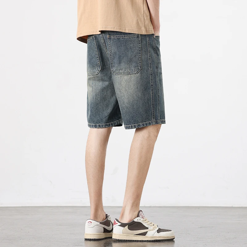 2024 Men Summer Korean Style Fashion Shorts Baggy Straight Denim Vintage Short Casual Loose Short Jeans Male Light Blue