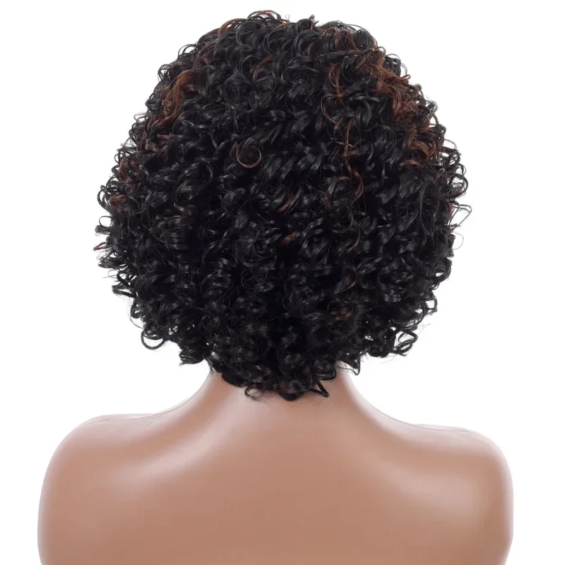 Ombre Brown 70s Afro Wigs for Women Short Curly Wigs with Side Bangs Synthetic Kinky Wig Natural Hair African American Wigs