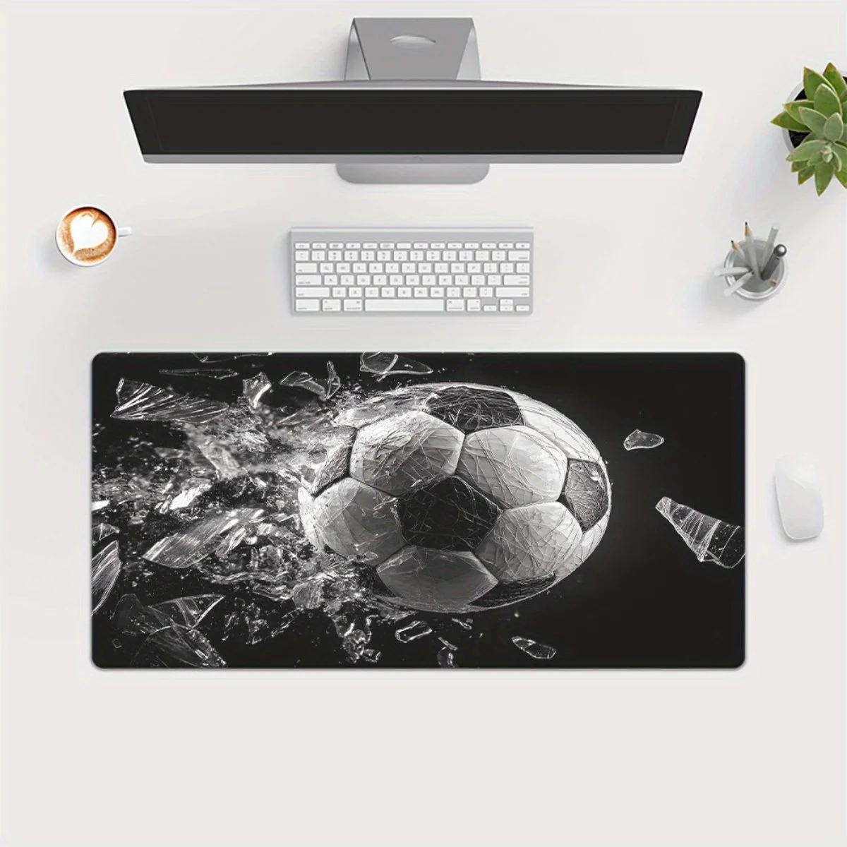 Breaking Soccer Ball Glass XXL Extended Gaming Mouse Pad Non-Slip Rubber Base for Desk Office