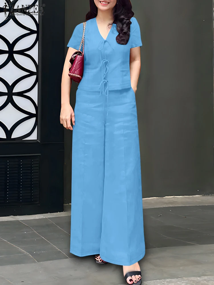 

ZANZEA Elegant Summer Tracksuit Fashion Solid Color Short Sleeve Lace-Up Tops Casual 2PCS Outfits Women Wide Leg Pants Pant Sets