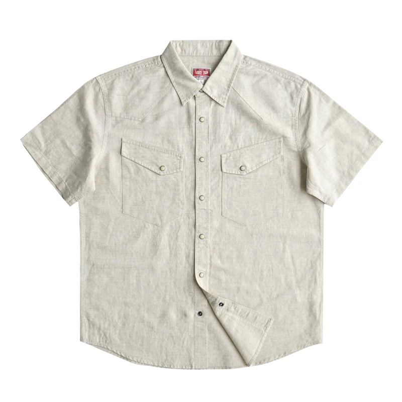 Sauce Zhan Men's Linen Cotton Short Sleeve Work Shirt Vintage Casual Solid Color Regular Fit