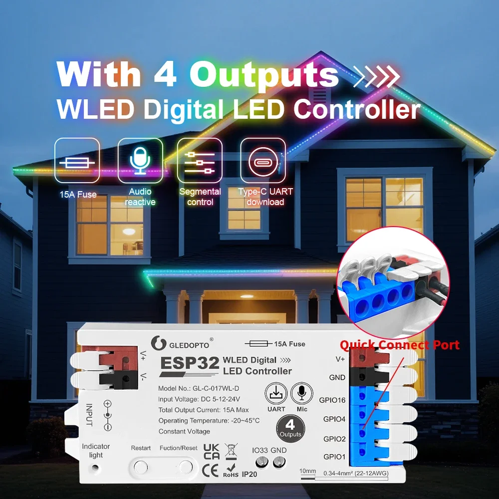 GLEDOPTO ESP32 WLED Controller 4 Outputs 15A Fuse Mic Sound Dynamic Lights USB-C UART DIY Energy Saving Relay Level Shifter IC